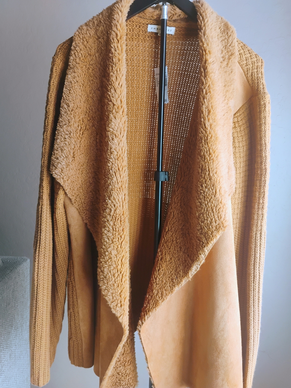 Retrology Size 3X Cozy Open-Front Cardigan in Brown Faux Suede Sherpa